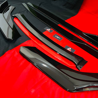 Universal 6 Pc Gloss Black Front Splitters with Red Lip and Side Skirts – ABS Car Styling Kit
