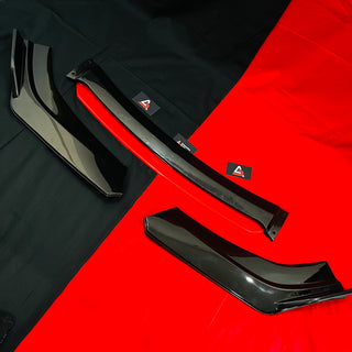 Universal 4 Pc Gloss Black Front Splitter Kit with Red Lip – ABS Body Kit for Cars