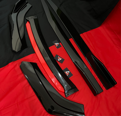 Full Body Splitter Kit for Cars | Gloss Black with Red Lip | ABS Universal Fit
