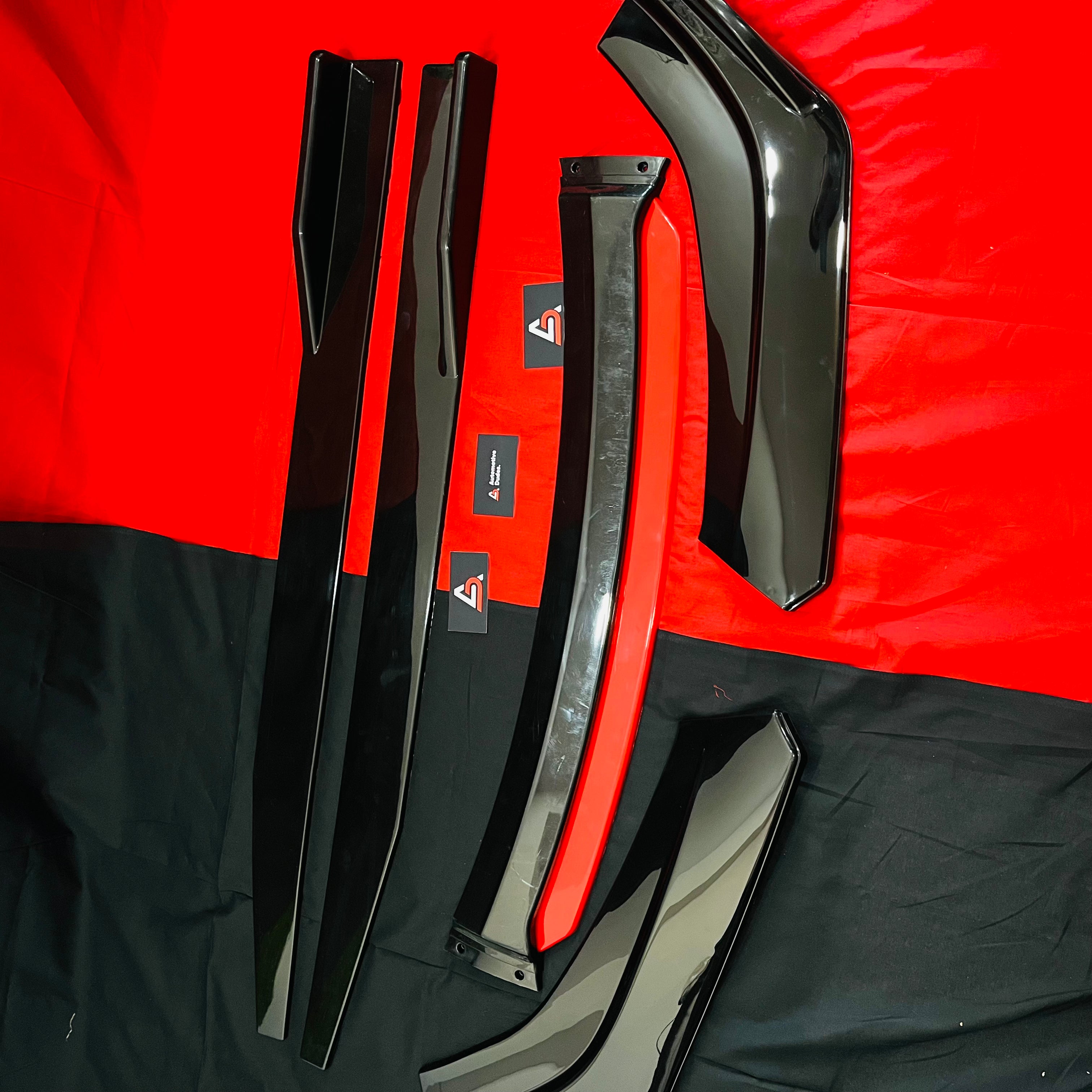 Universal 6 Pc Gloss Black Front Splitters with Red Lip and Side Skirts – ABS Car Styling Kit