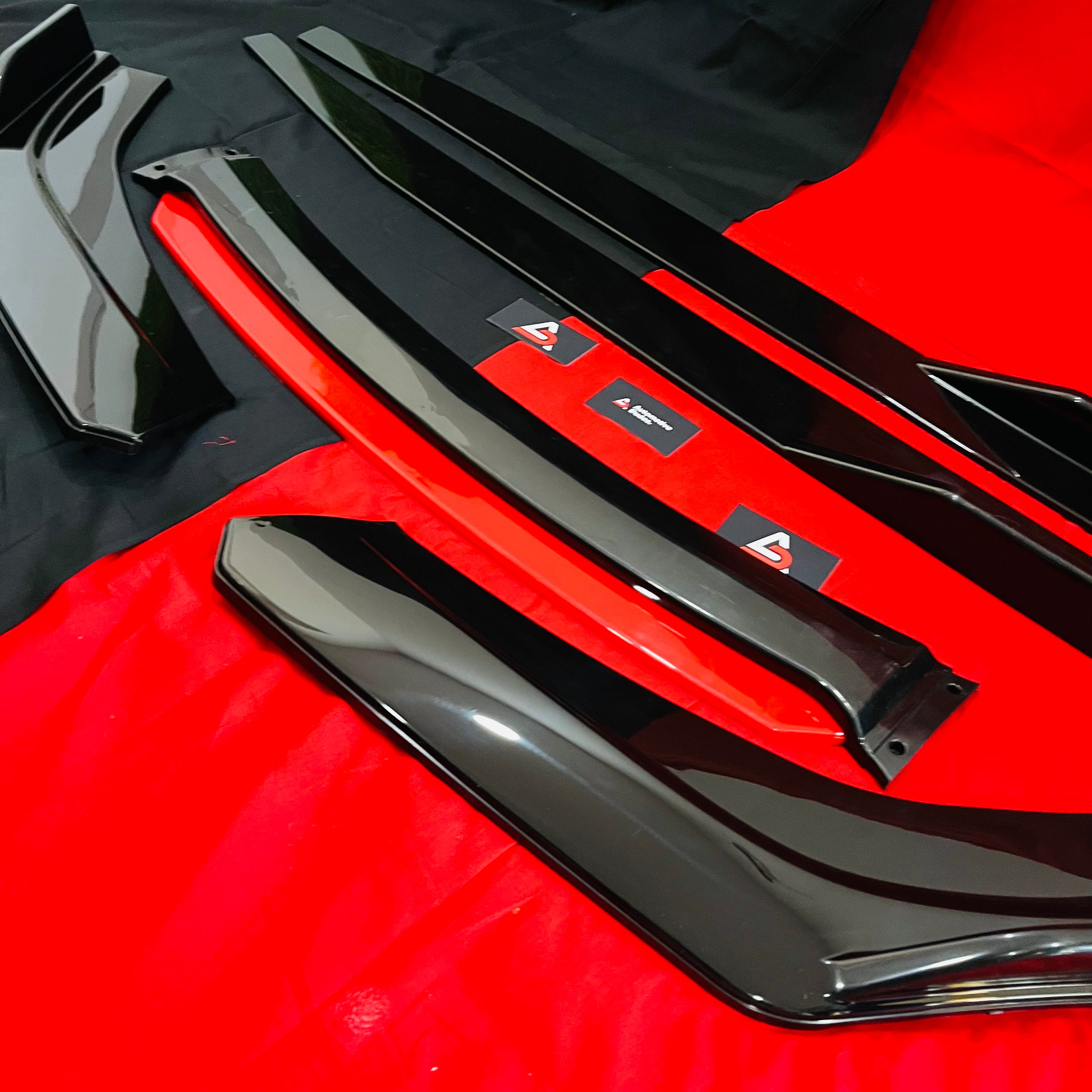 Universal 6 Pc Gloss Black Front Splitters with Red Lip and Side Skirts – ABS Car Styling Kit