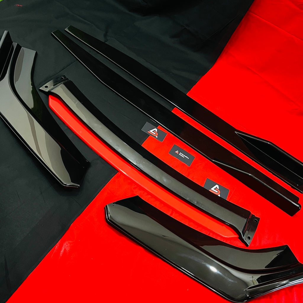 Universal 6 Pc Gloss Black Front Splitters with Red Lip and Side Skirts – ABS Car Styling Kit