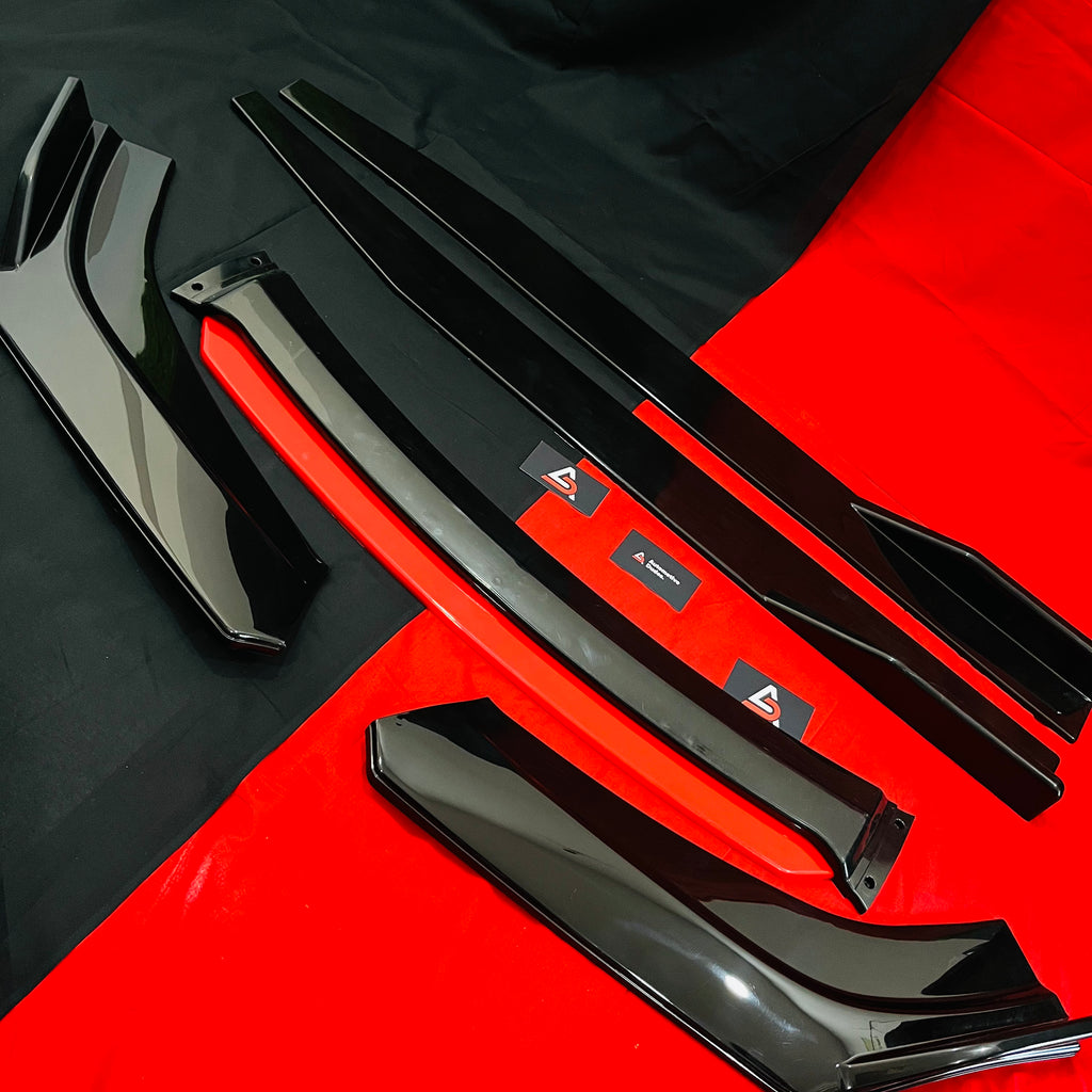 Universal 6 Pc Gloss Black Front Splitters with Red Lip and Side Skirts – ABS Car Styling Kit