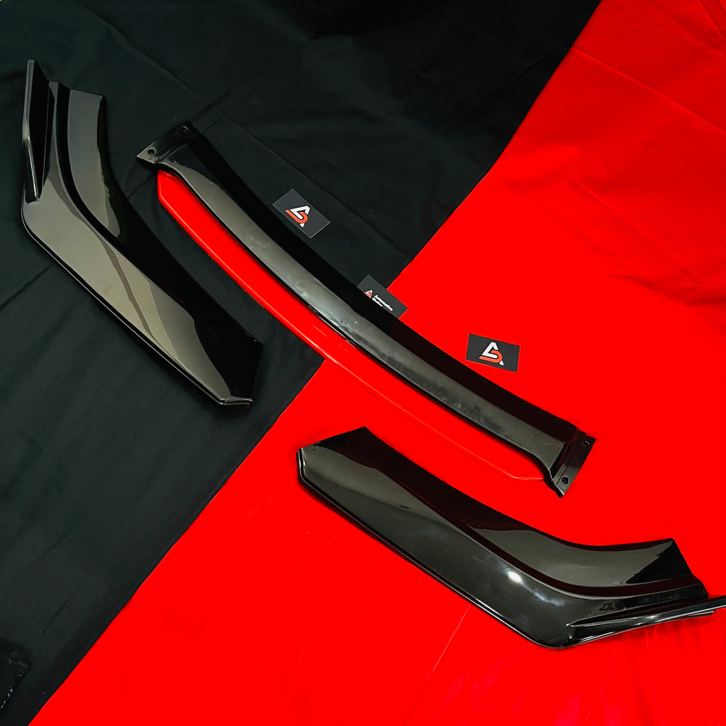Universal 4 Pc Gloss Black Front Splitter Kit with Red Lip – ABS Body Kit for Cars
